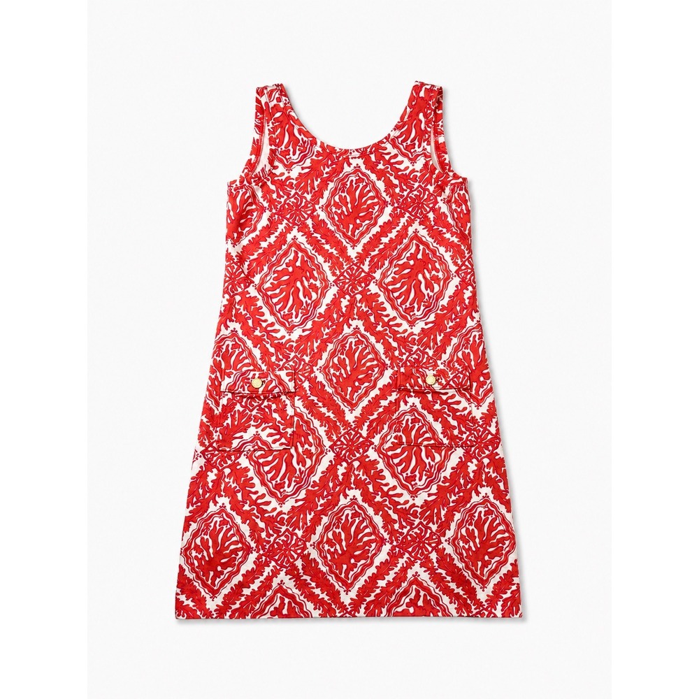 Lilly Pulitzer Red White Coral Damask Shift‎ Dress Small Gold Button Pockets